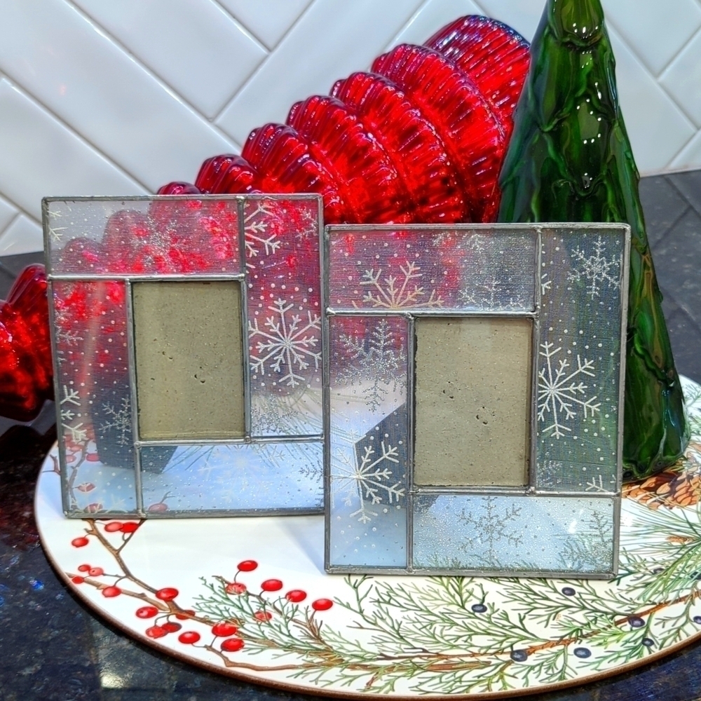 Set Of 2 Glass Silver Snowflake Picture Frames 3” x 2”